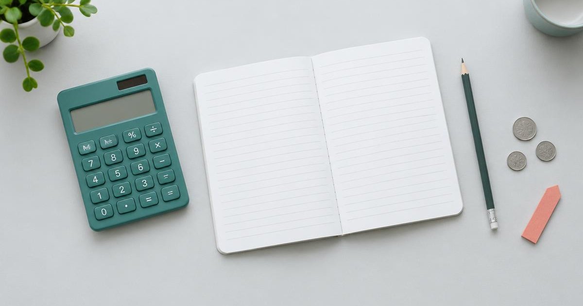 A teal calculator, open notebook, pencil and coins for planning a small budget