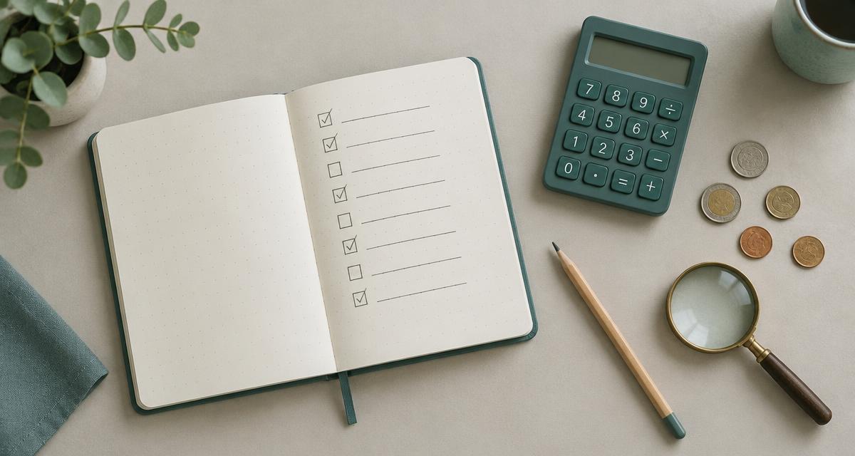 An open notebook with a ticked task checklist beside a teal calculator, coins, a pencil and a magnifying glass