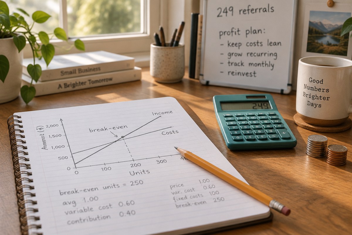 A spiral notebook with a hand-drawn break-even chart beside a teal calculator, coins, a pencil and a whiteboard with a simple profit plan